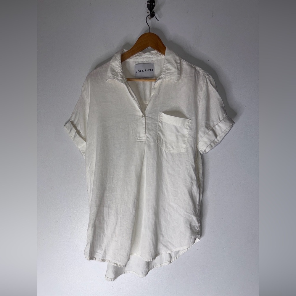 Lola River White Collar Short‎ Sleeve Linen Blend Chest Pocket Top Medium